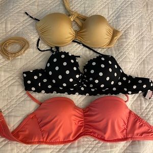 3 Victoria Secret bandeau bikini tops size 34A pink gold black polka dot push up